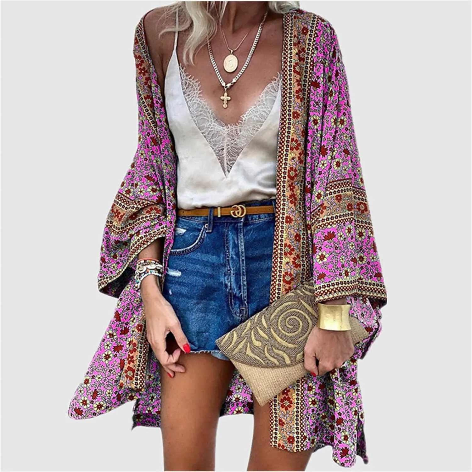 Women's Boho Tassel Open Front Long Sleeve Cardigan Sweaters Floral Print Stripe Blouses with Pockets