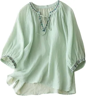 Women's Casual Solid Color Embroidered Cotton and Linen Tops Shirts T Shirts Long Sleeve Blouse Summer Short Sleeve