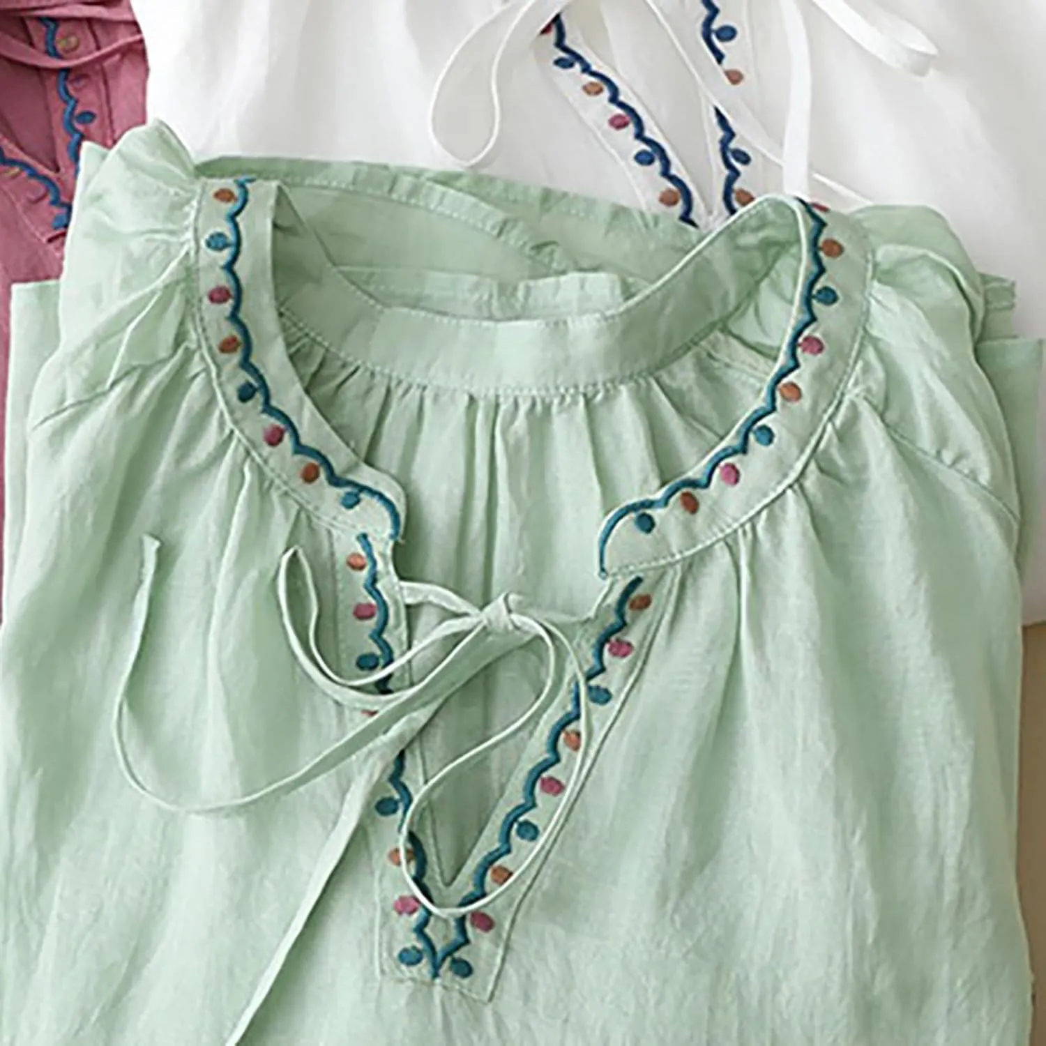 Women's Casual Solid Color Embroidered Cotton and Linen Tops Shirts T Shirts Long Sleeve Blouse Summer Short Sleeve