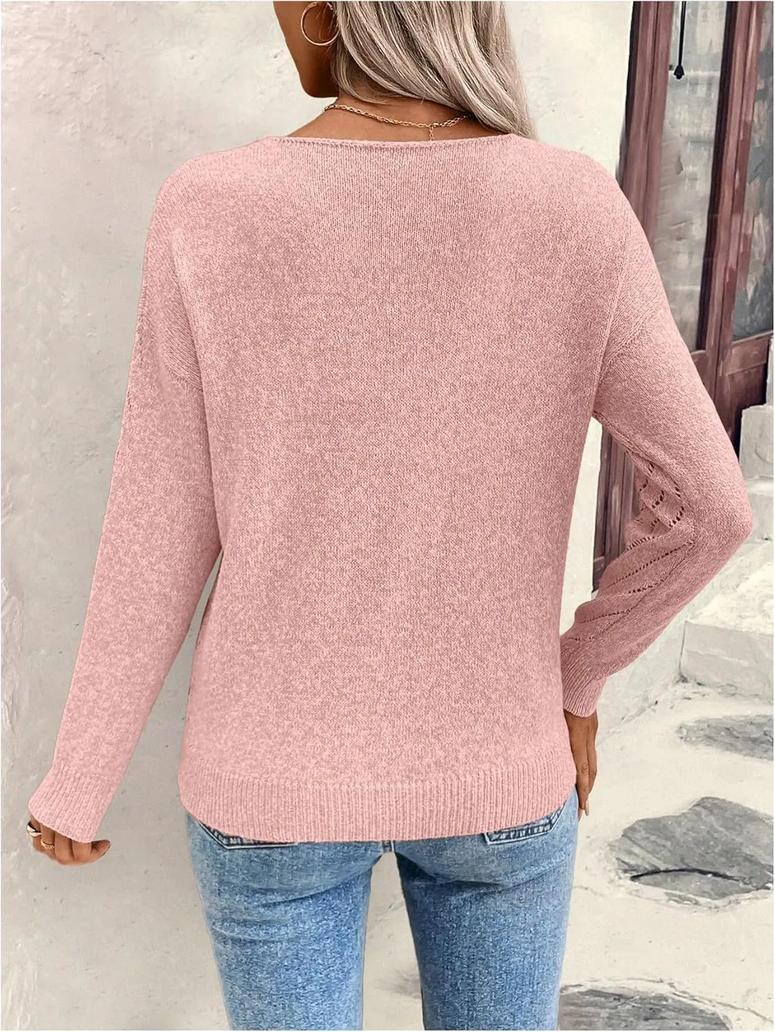 Women's Hollow Out Pullover Sweaters Vintage Lightweight V Neck Long Sleeve Oversize Knit Tops