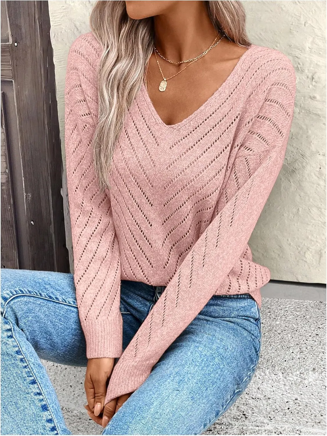 Women's Hollow Out Pullover Sweaters Vintage Lightweight V Neck Long Sleeve Oversize Knit Tops