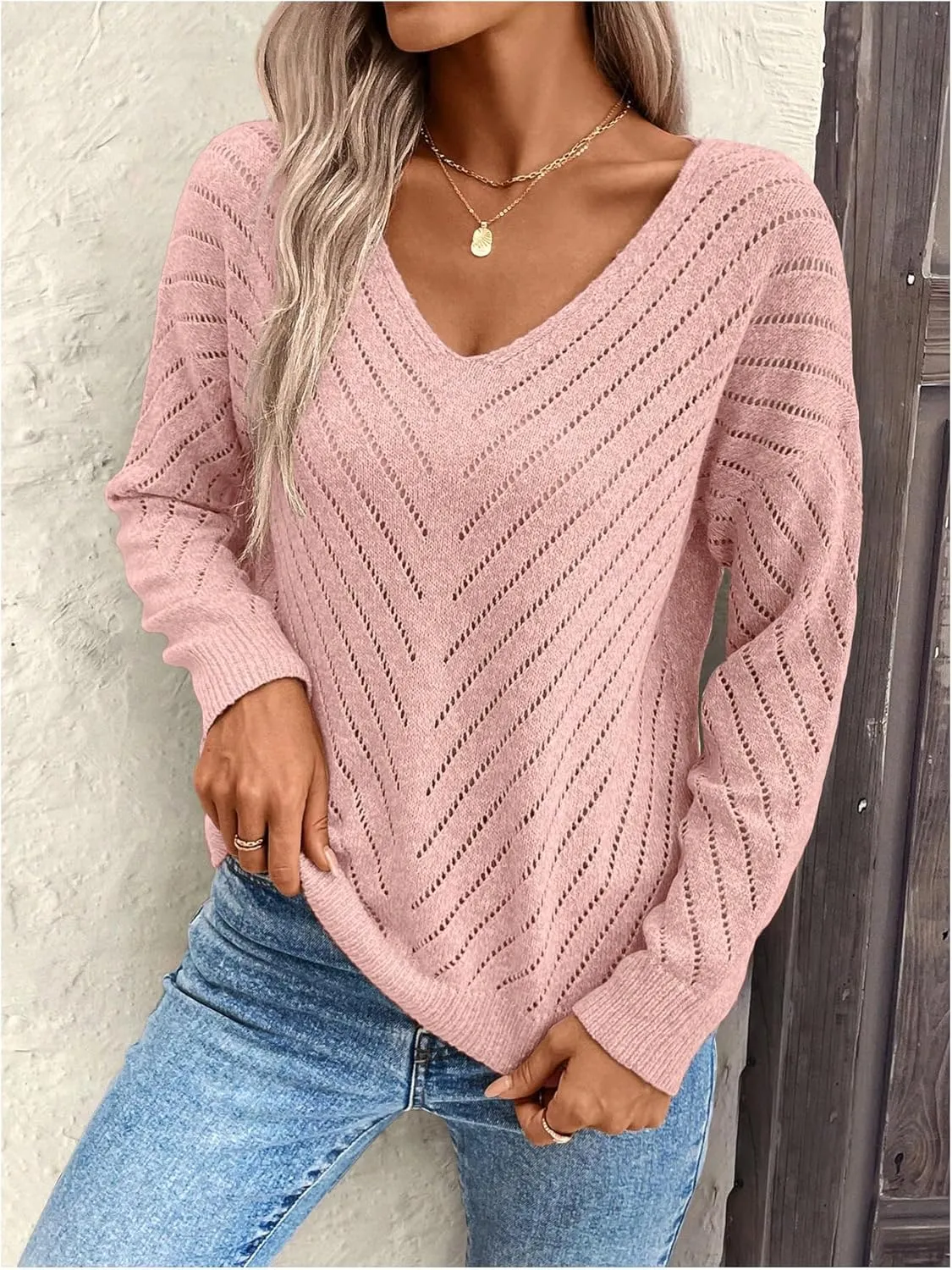 Women's Hollow Out Pullover Sweaters Vintage Lightweight V Neck Long Sleeve Oversize Knit Tops