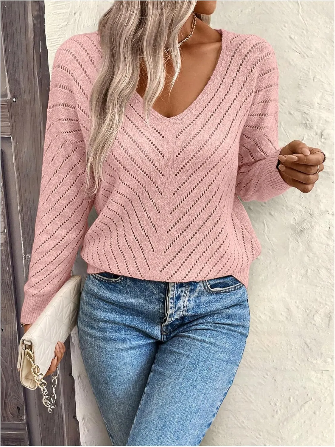 Women's Hollow Out Pullover Sweaters Vintage Lightweight V Neck Long Sleeve Oversize Knit Tops