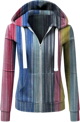 Womens Hooded Sweatshirts Color Block Full Zip Up Jackets Long Sleeve Striped Coats Drawstring Outwear with Pockets