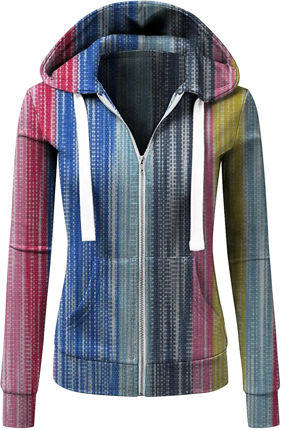 Womens Hooded Sweatshirts Color Block Full Zip Up Jackets Long Sleeve Striped Coats Drawstring Outwear with Pockets