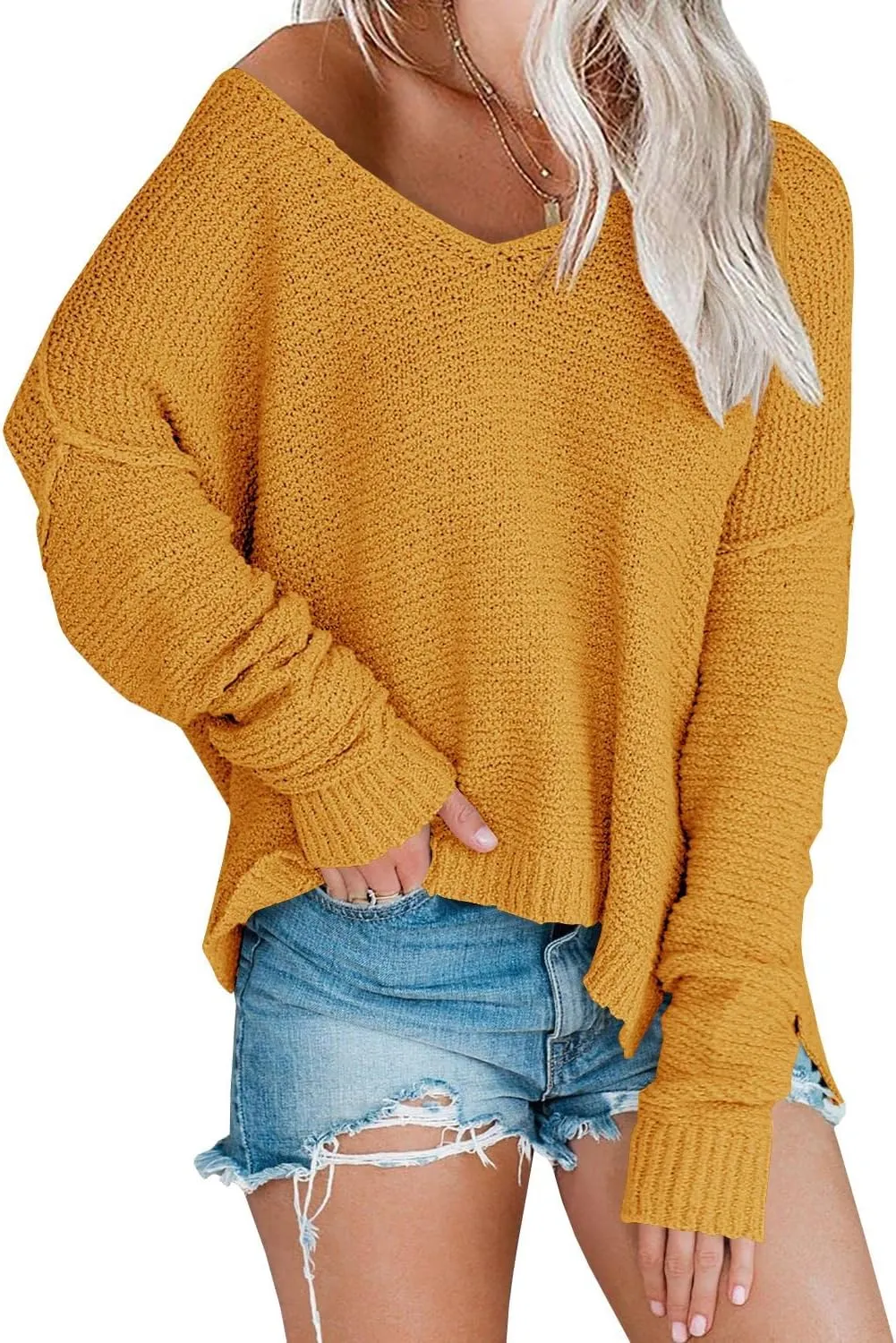 Womens Off Shoulder Knit Sweaters Oversized V Neck Long Sleeve Loose Lightweight Pullover Tops