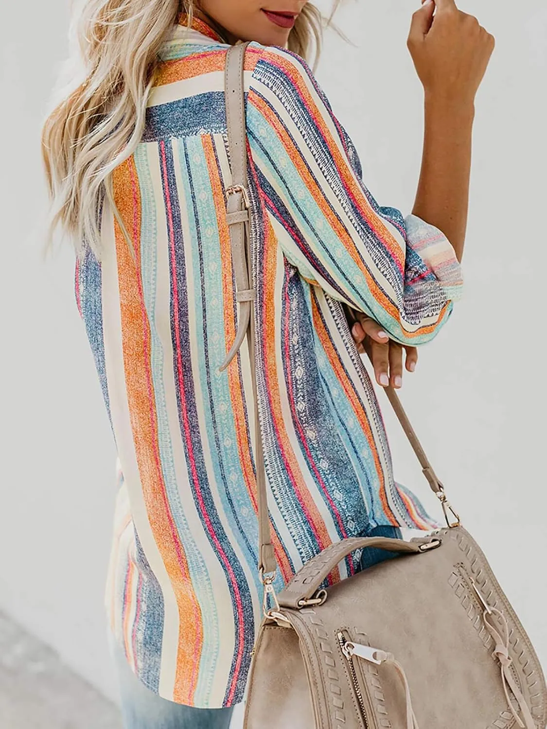 Women's Striped Button Down Shirts Linen Shirts Long Sleeve Collared Blouses Boyfriends Loose Tunics Tops