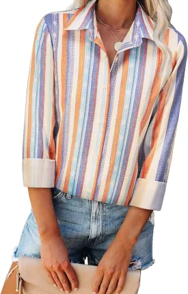 Women's Striped Button Down Shirts Linen Shirts Long Sleeve Collared Blouses Boyfriends Loose Tunics Tops
