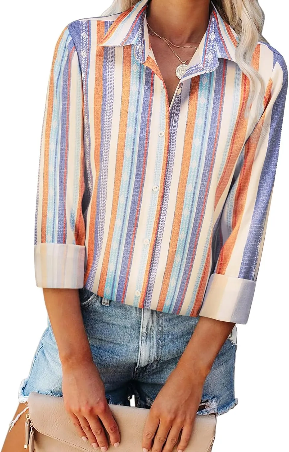 Women's Striped Button Down Shirts Linen Shirts Long Sleeve Collared Blouses Boyfriends Loose Tunics Tops