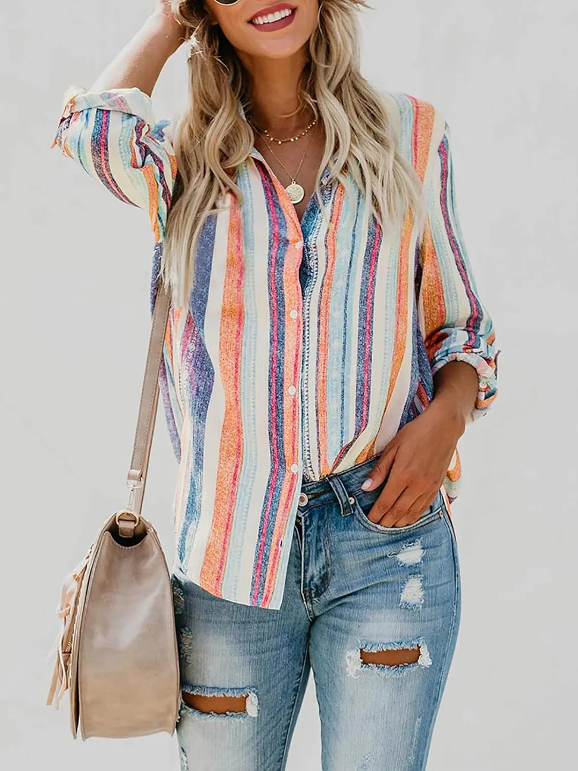 Women's Striped Button Down Shirts Linen Shirts Long Sleeve Collared Blouses Boyfriends Loose Tunics Tops