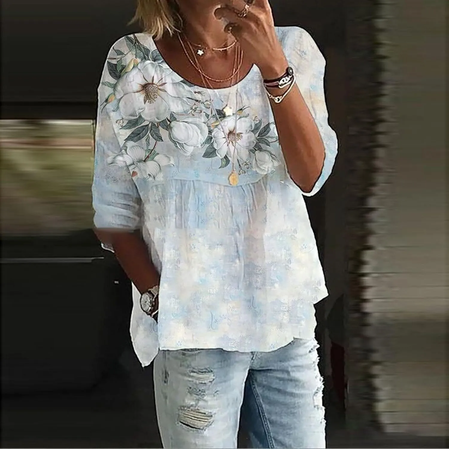 Women's Summer Boho Floral 3/4 Sleeve Tunic Top Flowy Casual Loose Cute Plus Size Pleated Blouse Shirts