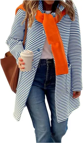 Womens Trench Coats with Hood Lightweight Lapel Button Down Striped Jacket Coat Casual Long Sleeve Outwear with Pocket