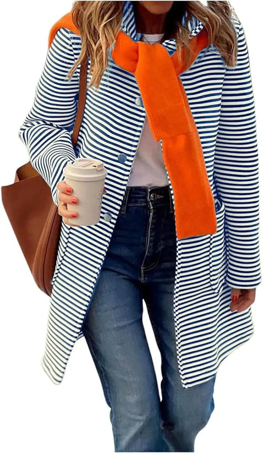 Womens Trench Coats with Hood Lightweight Lapel Button Down Striped Jacket Coat Casual Long Sleeve Outwear with Pocket