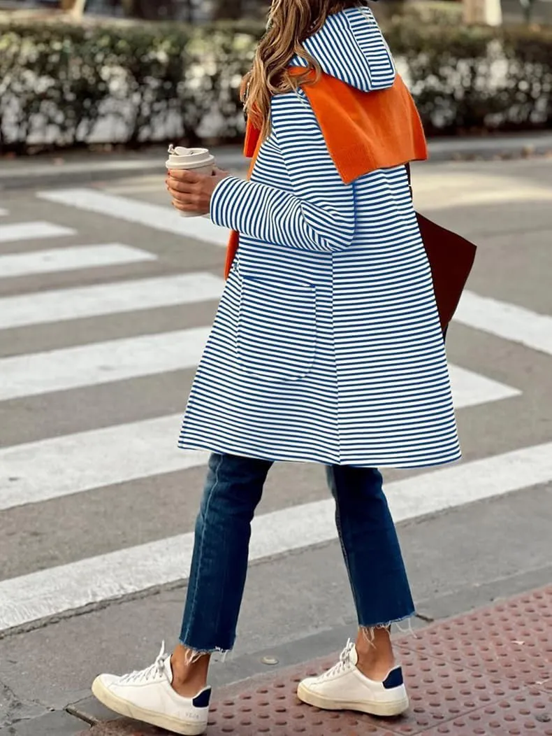 Womens Trench Coats with Hood Lightweight Lapel Button Down Striped Jacket Coat Casual Long Sleeve Outwear with Pocket