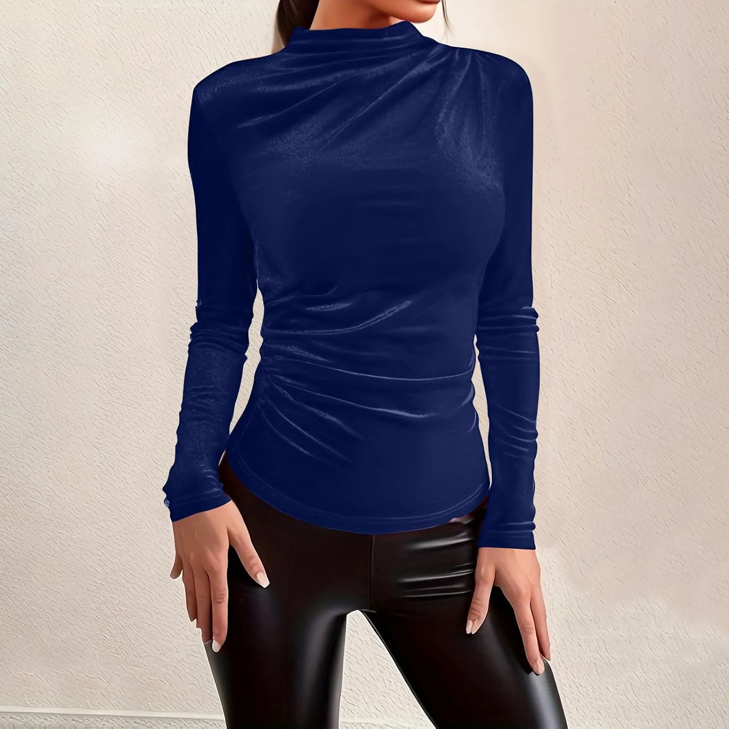 Women's Turtleneck Velvet Blouses Long Sleeve Ruched Slim Fit Shirts Velour Tops Solid Color Casual Pullover Tunics
