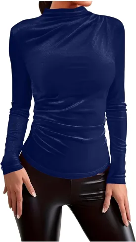 Women's Turtleneck Velvet Blouses Long Sleeve Ruched Slim Fit Shirts Velour Tops Solid Color Casual Pullover Tunics