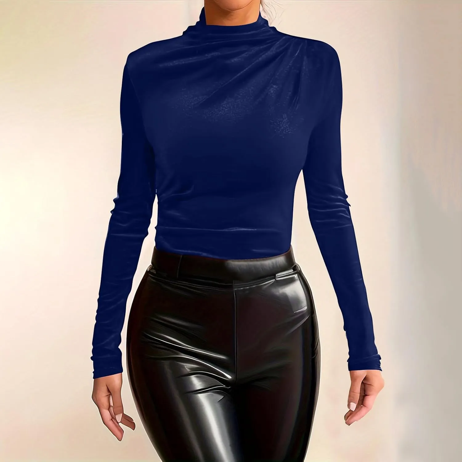 Women's Turtleneck Velvet Blouses Long Sleeve Ruched Slim Fit Shirts Velour Tops Solid Color Casual Pullover Tunics