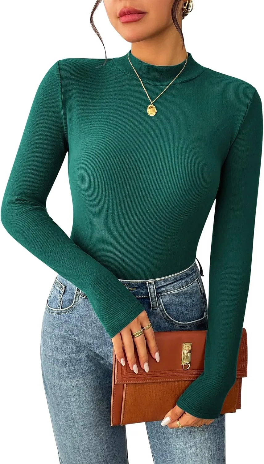 Zeagoo Women's Long Sleeve Stretch Shirts Mock Neck Ribbed T-Shirt Fitted Casual Basic Tops 2024